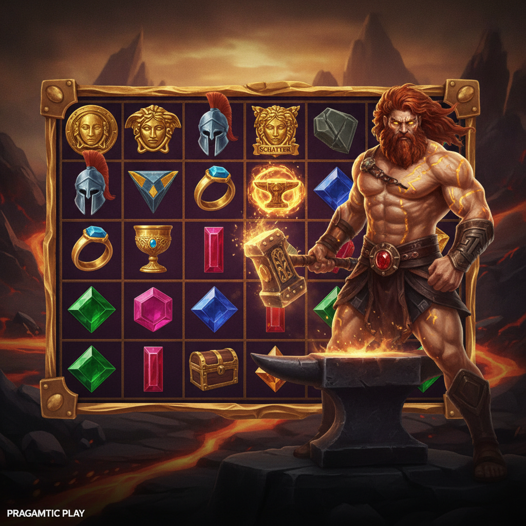 Forge of Olympus slot: Efesto dio greco con martello alla fucina divina, griglia 7x7 con simboli dorati medusa elmo calice gemme, sfondo vulcanico con lava ardente
