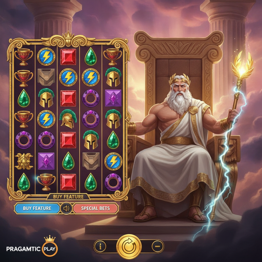 Fortune of Olympus slot con Zeus sul trono, griglia 7x7 con simboli mitologici: calice dorato, fulmine, gemme colorate e elmo spartano su sfondo celeste con colonne dorate