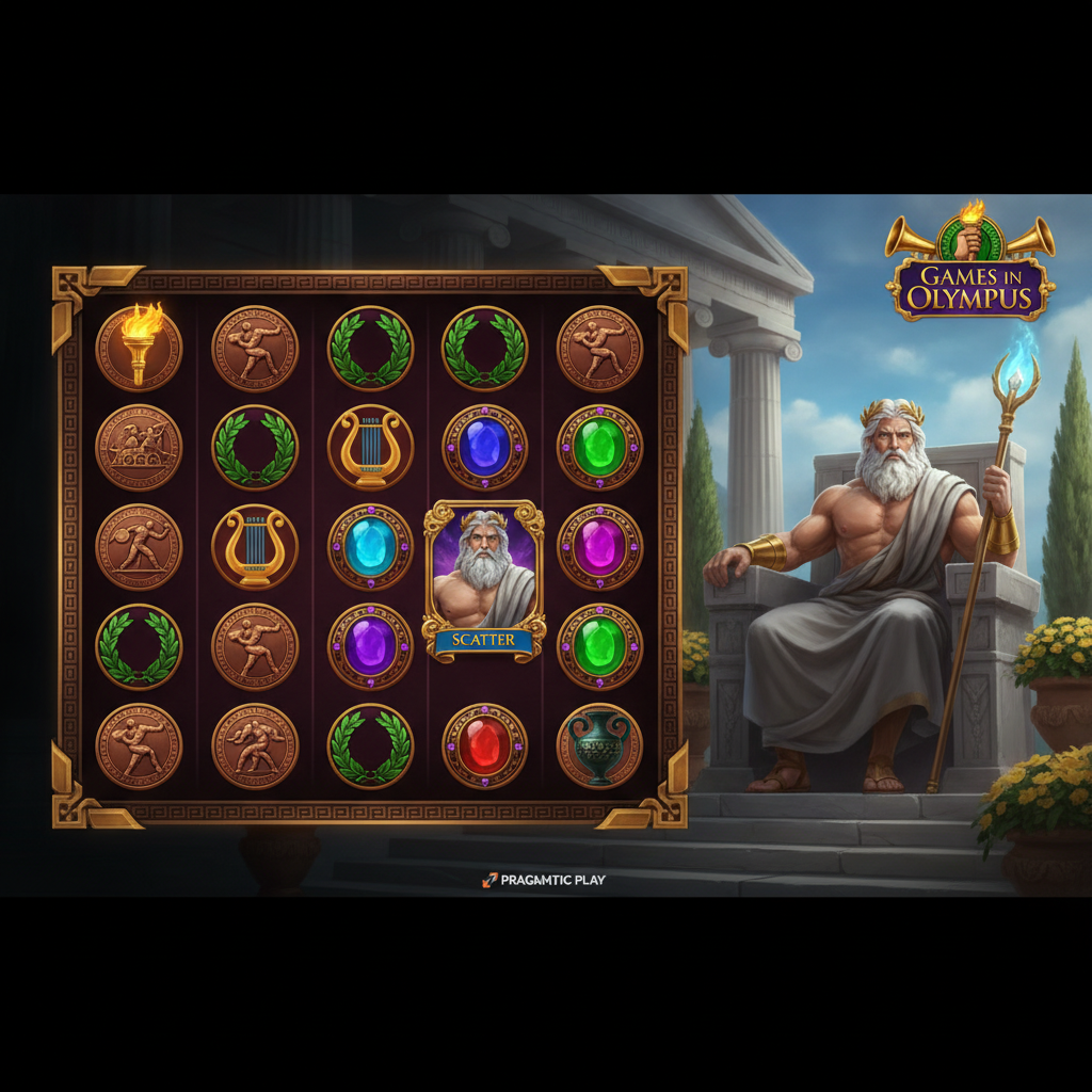 Games in Olympus slot con Zeus sul trono, griglia 6x5 con simboli greci tra cui torcia olimpica, corona d'alloro, lira e anfora ornata