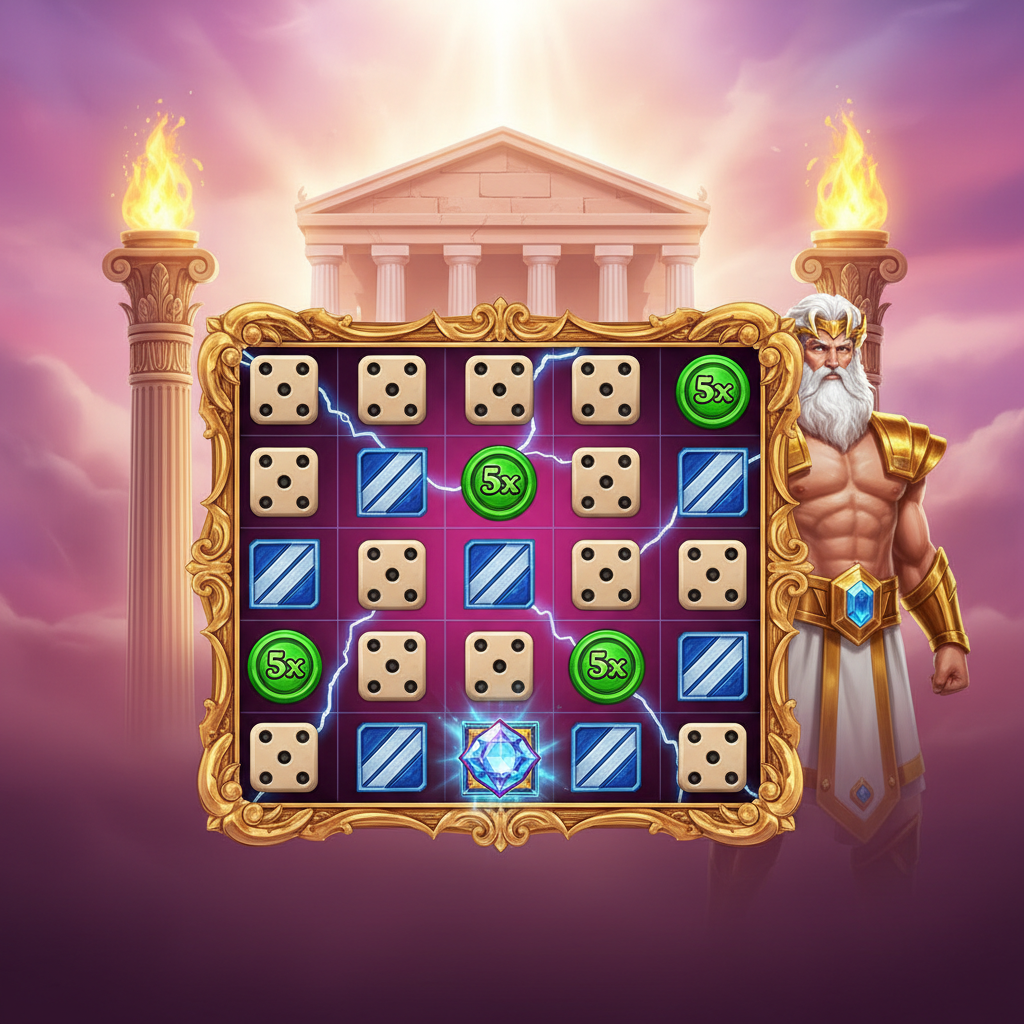 Gates of Olympus Dice slot game con Zeus, tempio dorato greco, dadi dorati e simboli moltiplicatori con fulmini elettrici su sfondo viola celeste