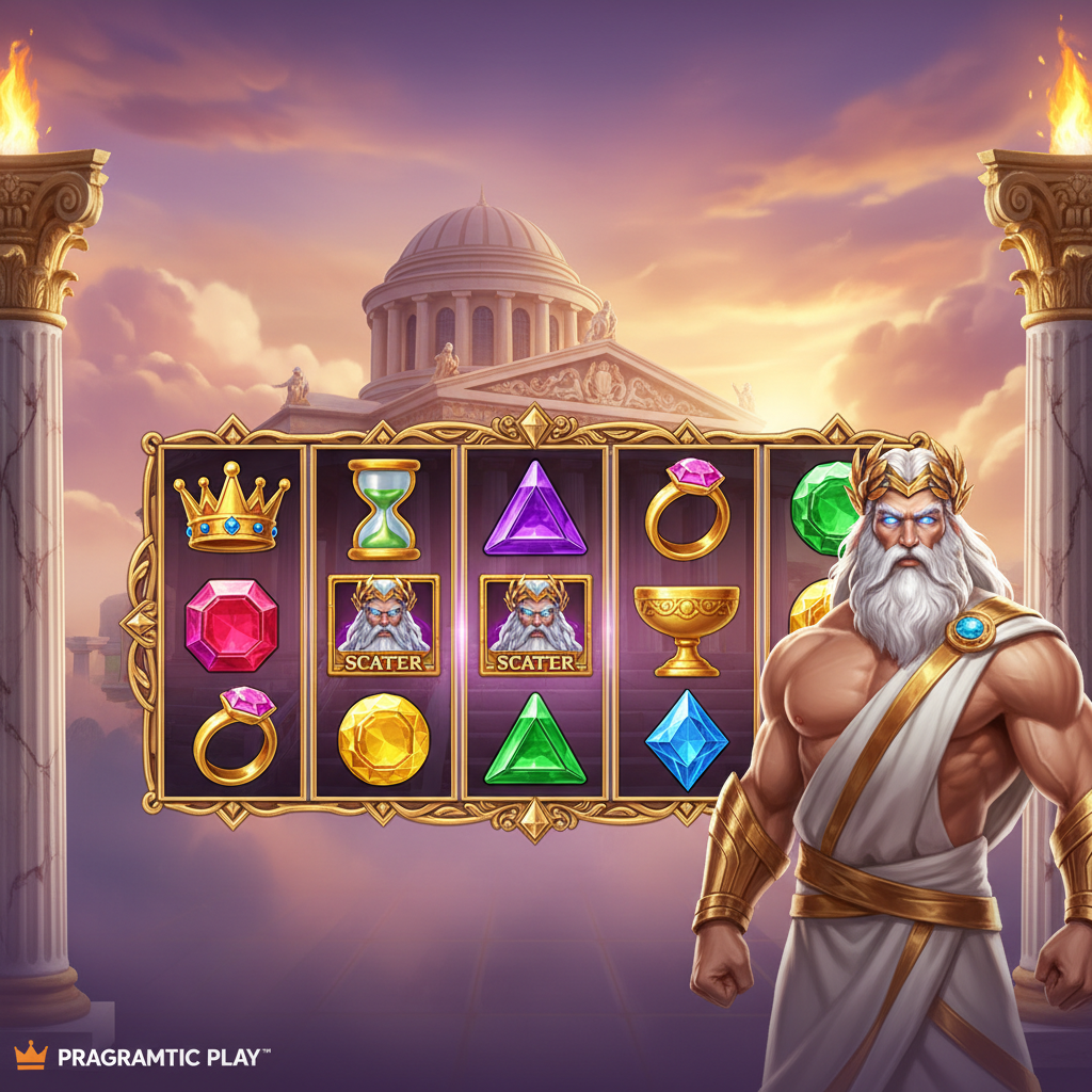 Gates of Olympus Pachi slot machine: Zeus con corona d'alloro dorata e occhi luminosi blu, tempio greco sullo sfondo con colonne di marmo, simboli scatter, cielo al tramonto rosa e viola, nuvole dorate