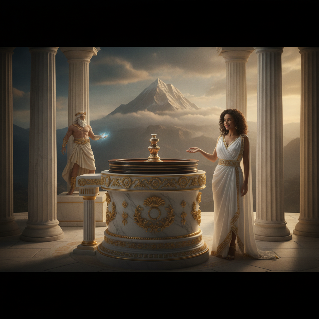 Gates of Olympus Roulette: roulette europea dal vivo su piedistallo di marmo bianco con decorazioni dorate, presentatrice in abito greco, colonne ioniche e nuvole sullo sfondo del Monte Olimpo, studio live casino a tema mitologia greca con Zeus