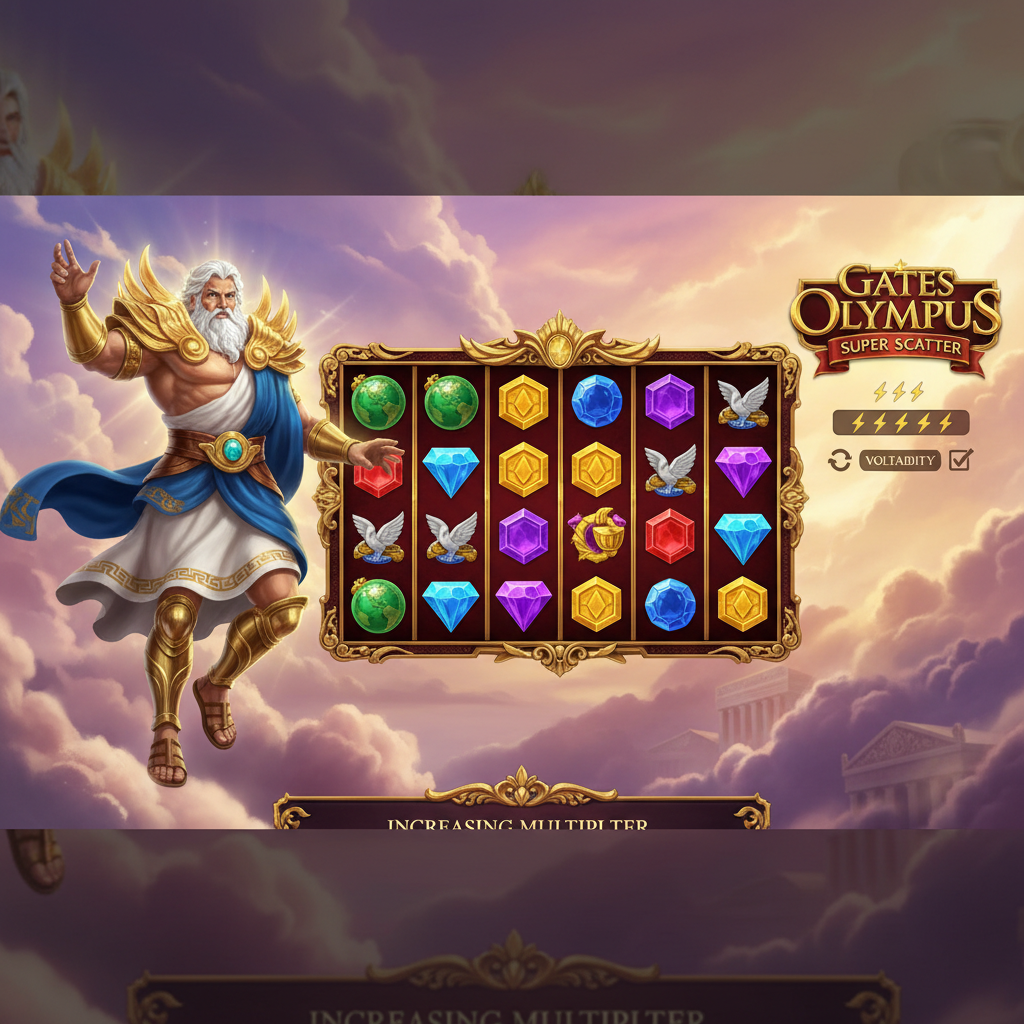 Gates of Olympus SUPER SCATTER slot game mostra Zeus con armatura dorata e corona su nuvole rosa-viola, griglia 6x5 con simboli gemme colorate e globi verdi, cornice dorata ornata, modalità Free Spins con moltiplicatori