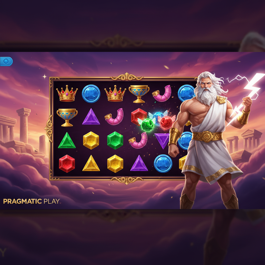 Gates of Olympus slot machine di Pragmatic Play con Zeus che impugna il fulmine accanto alla griglia di gioco 6x5 con simboli divini tra colonne greche e nuvole dell'Olimpo al tramonto rosa-viola
