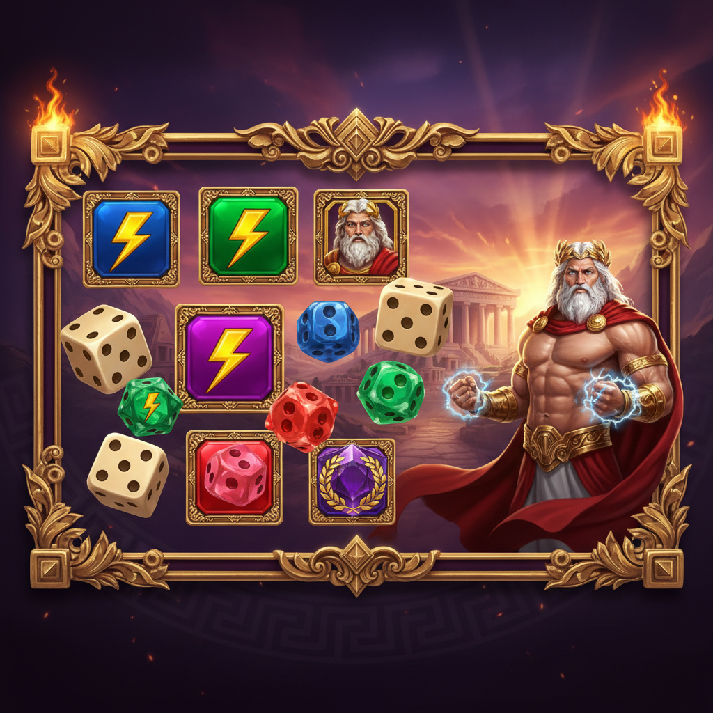 Gates of Olympus 1000 Dice slot: Zeus con corona d'oro, dadi gemma poliedrici multicolore, fulmini blu verde viola rosso, tempio greco sullo sfondo del Monte Olimpo, cornice dorata ornata