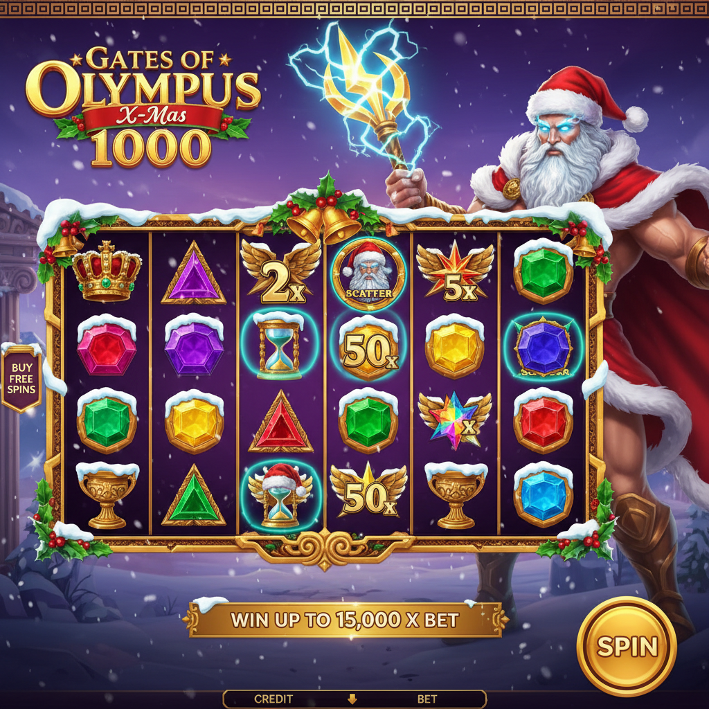 Gates of Olympus X-Mas 1000 slot machine: Zeus in costume da Babbo Natale con mantello rosso, fulmine dorato, sfondo del tempio greco innevato con colonne, simboli natalizi e mitologia greca combinati