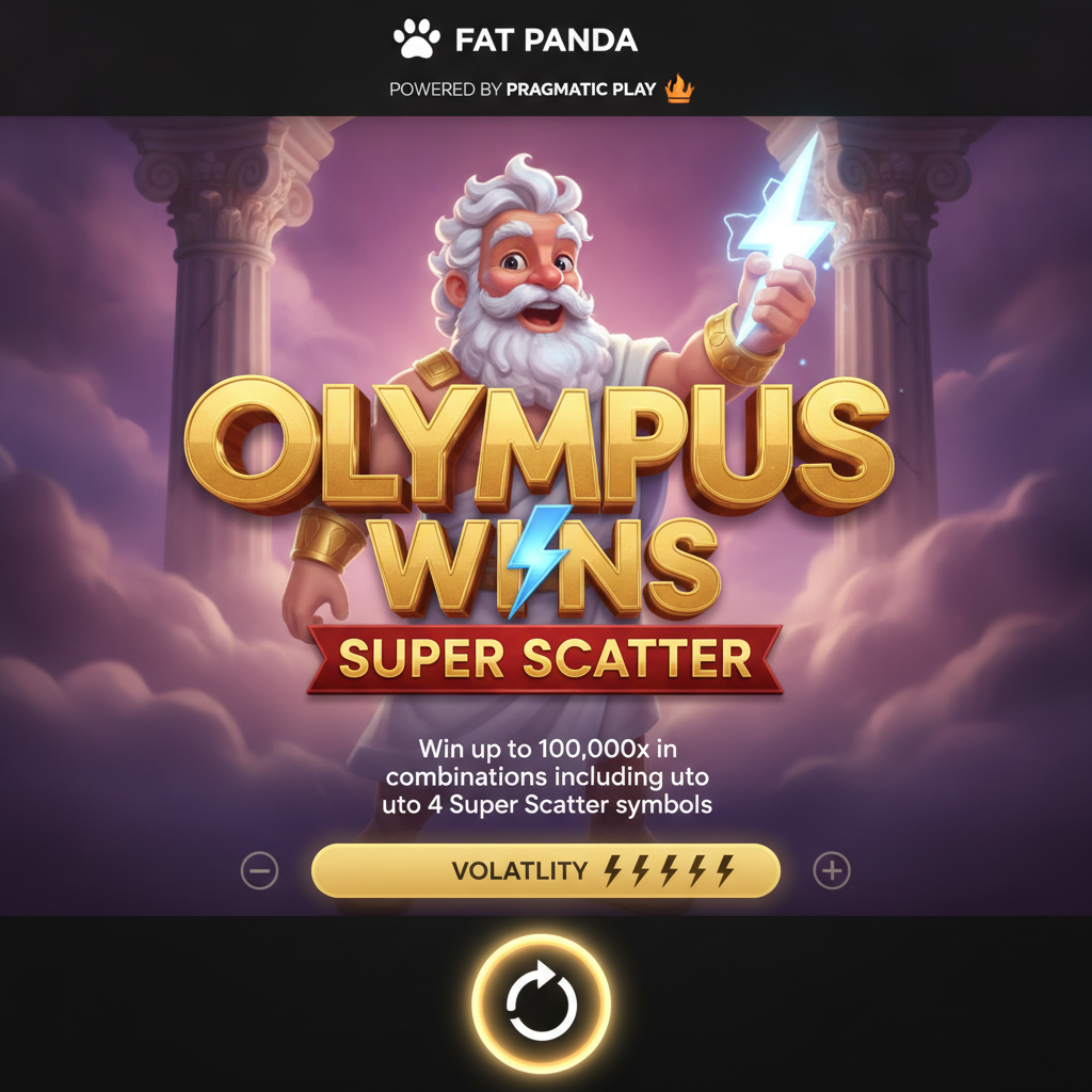 Olympus Wins Super Scatter slot con Zeus, simboli scatter dorati, colonne greche e cielo viola-rosa di Olimpo